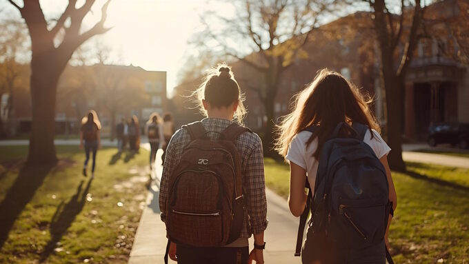 Photo d'enfants vus de dos qui se rendent au collège